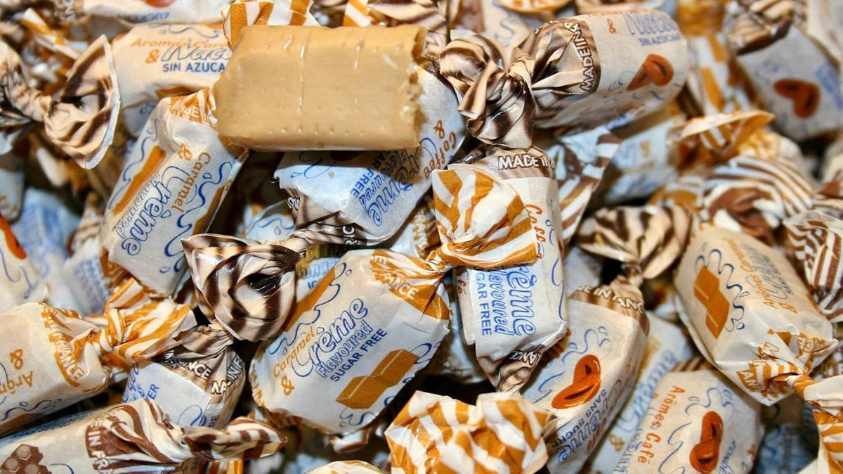 A collection of thirty three wrapped pieces of gourmet sugar free sweets highlighting portion control.