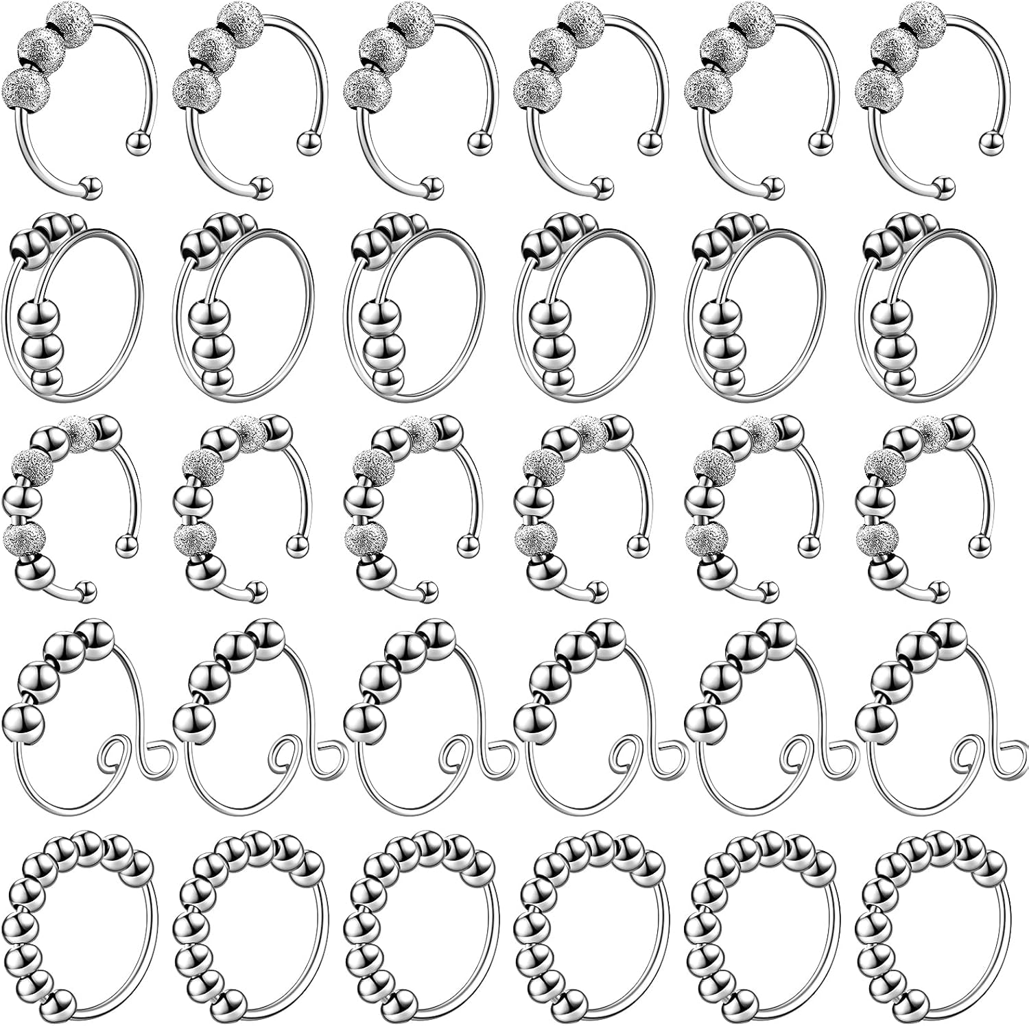 Yinkin 30 Pieces Anxiety Fidget Ring front view showcasing silver adjustable bands with moving beads for stress relief.