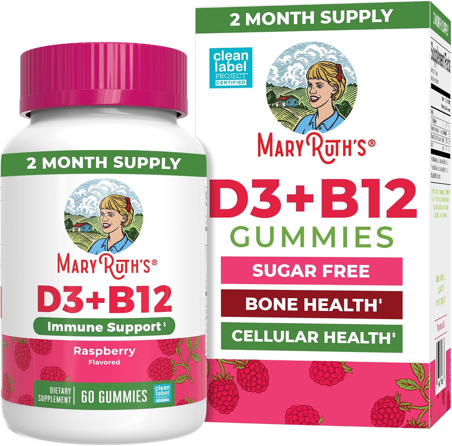 MaryRuth Organics Vitamin D3 and B12 gummies front view bottle package