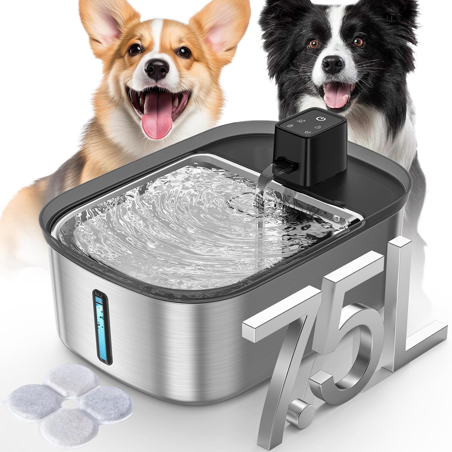 Chumajor wireless 7.5 liter stainless steel pet water fountain front view