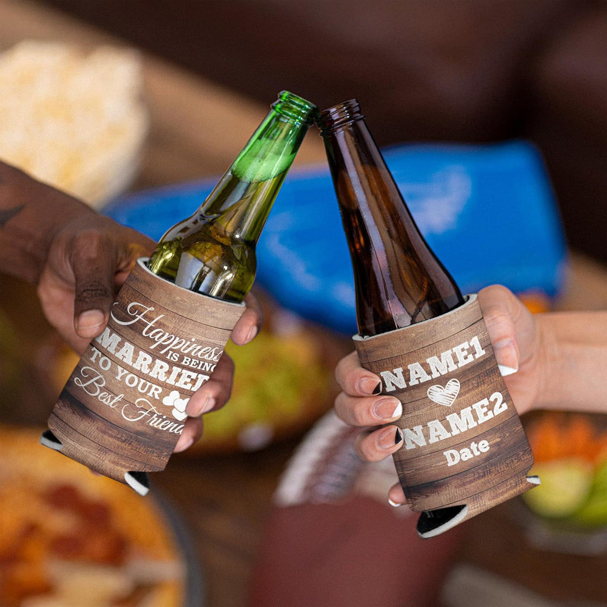 Wedding party favor can coolers in use