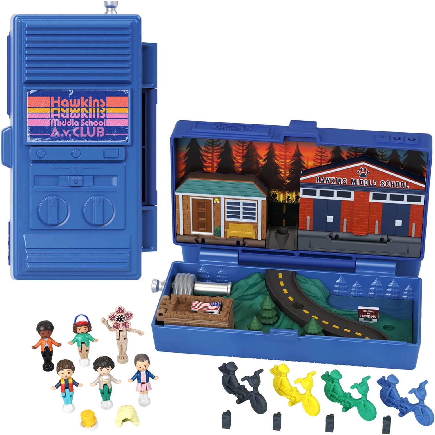 Polly Pocket Stranger Things Collector Playset front view of walkie talkie compact packaging