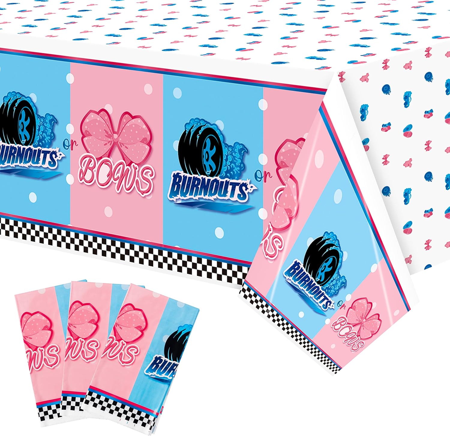 ArianQicult burnouts or bows gender reveal tablecloth front view covering a rectangular dessert table.