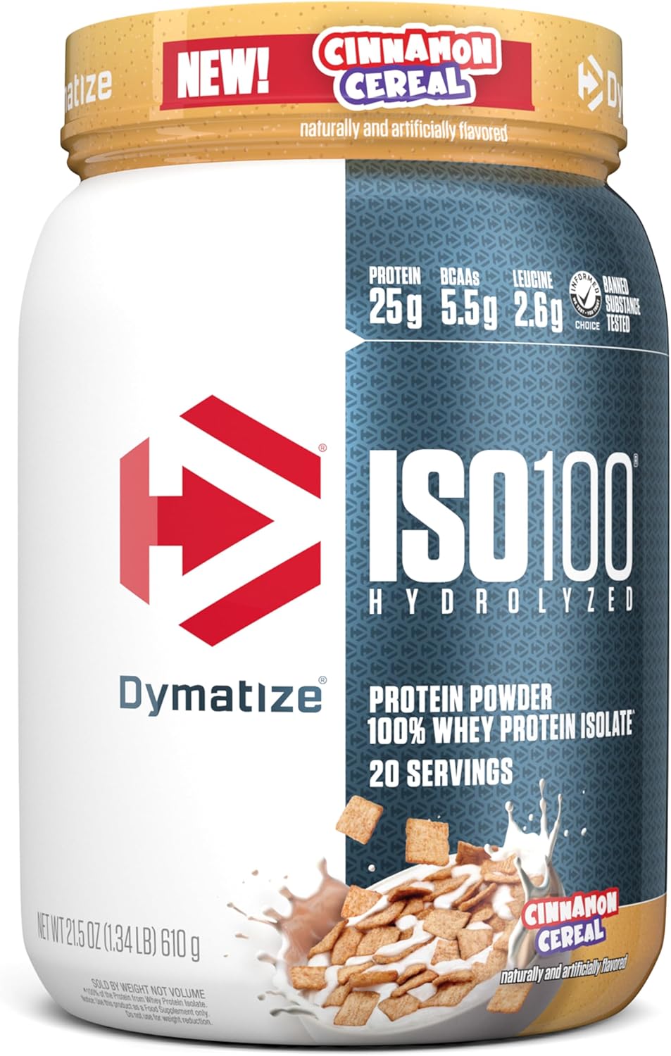 Dymatize ISO100 Hydrolyzed Whey Protein Isolate Cinnamon Cereal tub front view