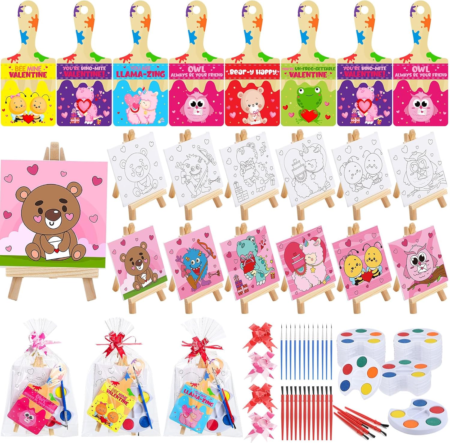 Pajean Valentine watercolor paint set front view of individual animal canvas kits