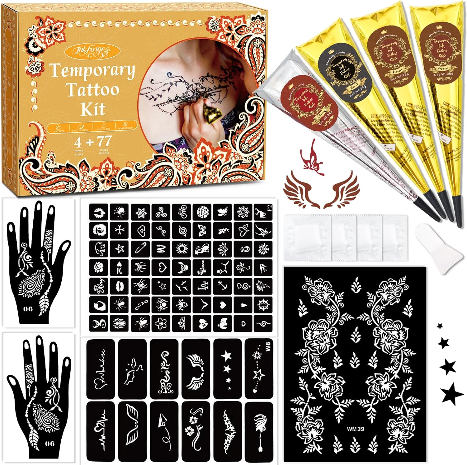 Temporary Stencils Tattoos Kit, 4 Pcs Tattoo Cones 3 Color (1 Black 2 Maroon 1 Cherry Red) with Gloves Brush Tool,DIY Body Art Skin Painting Designs for Women Men Kids Party Gifts - Image 1