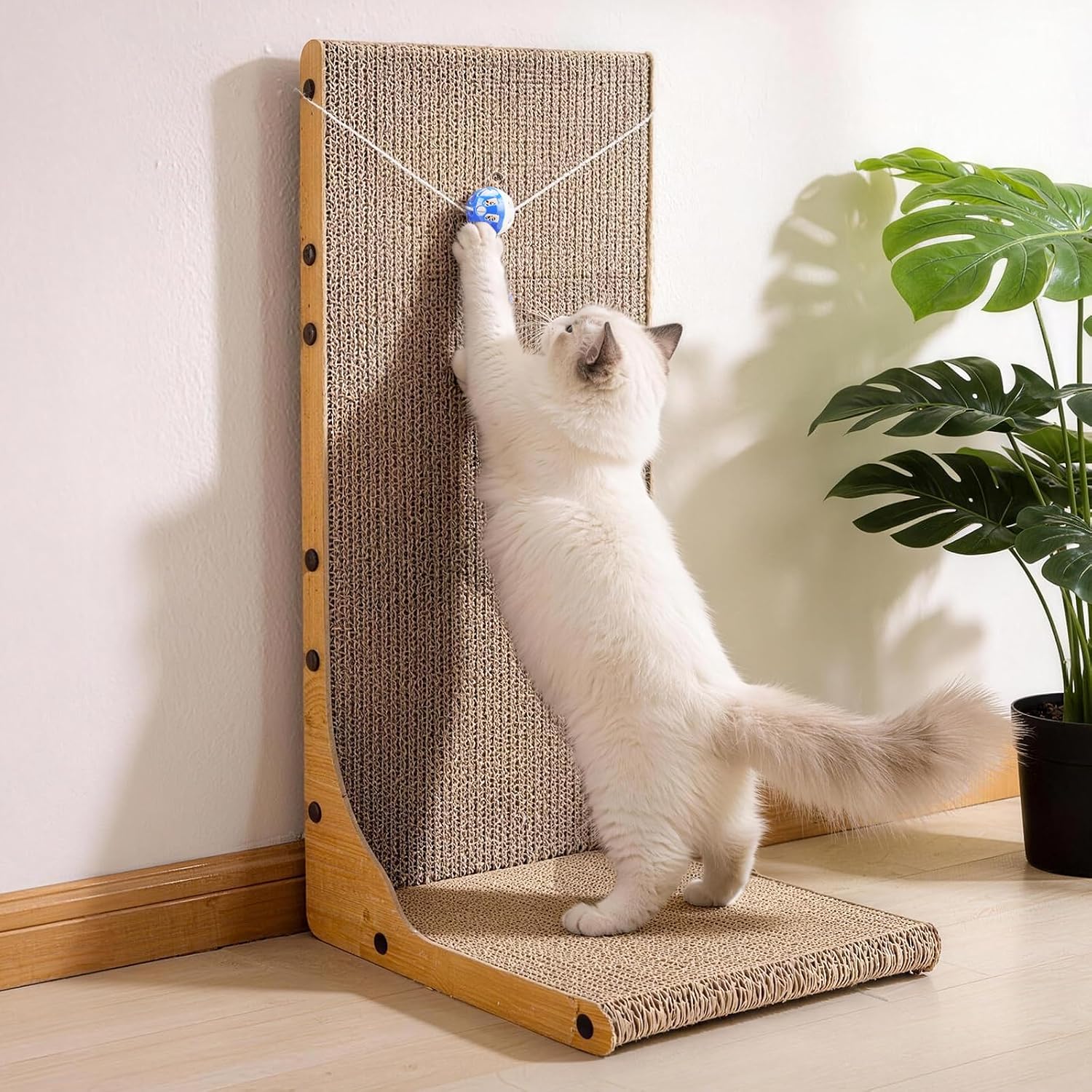 YesBes L shape vertical cat scratcher front view with hanging toy ball