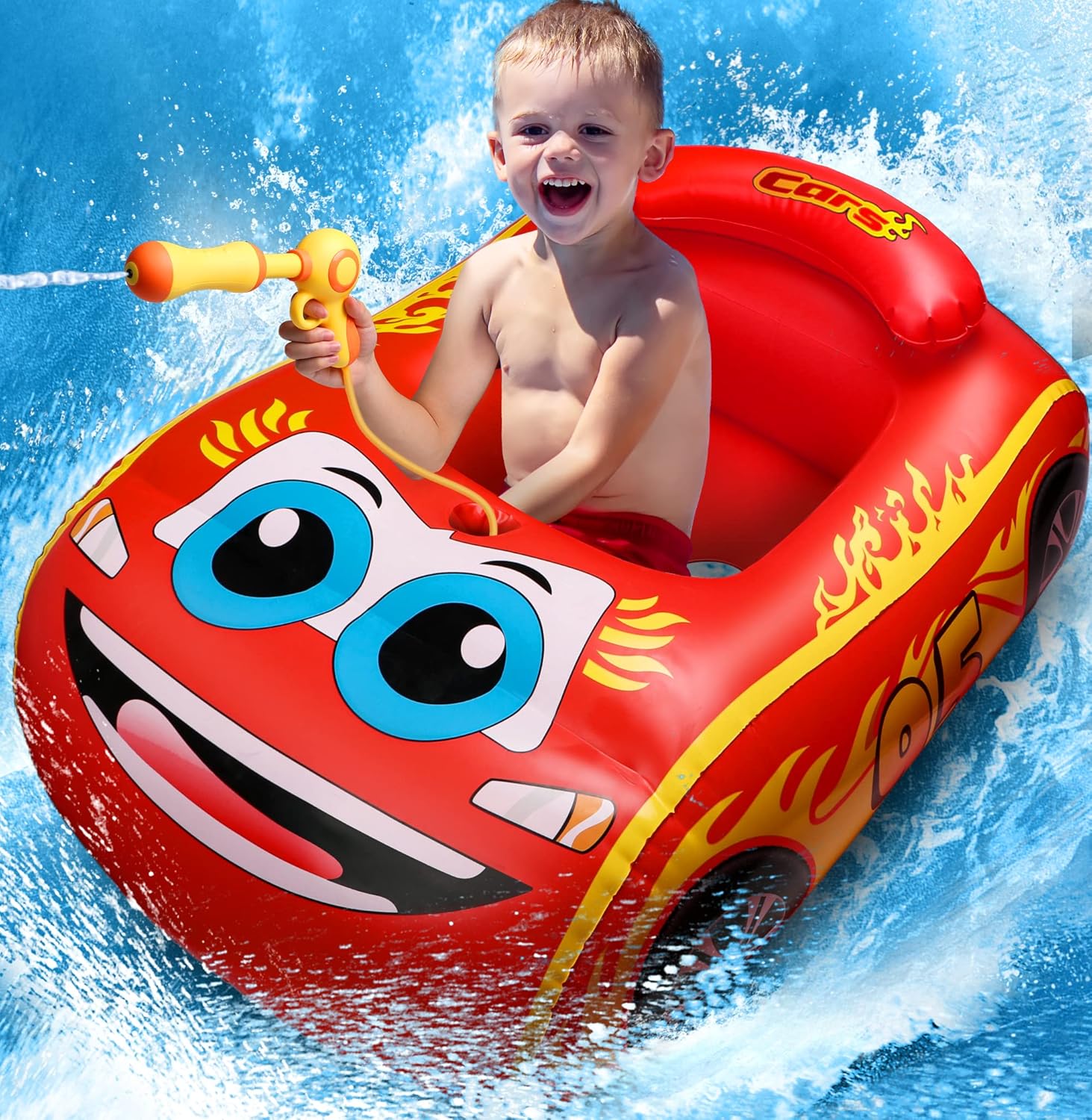 HopeRock Kids Pool Float front view showing red racing car design with blue eyes graphic
