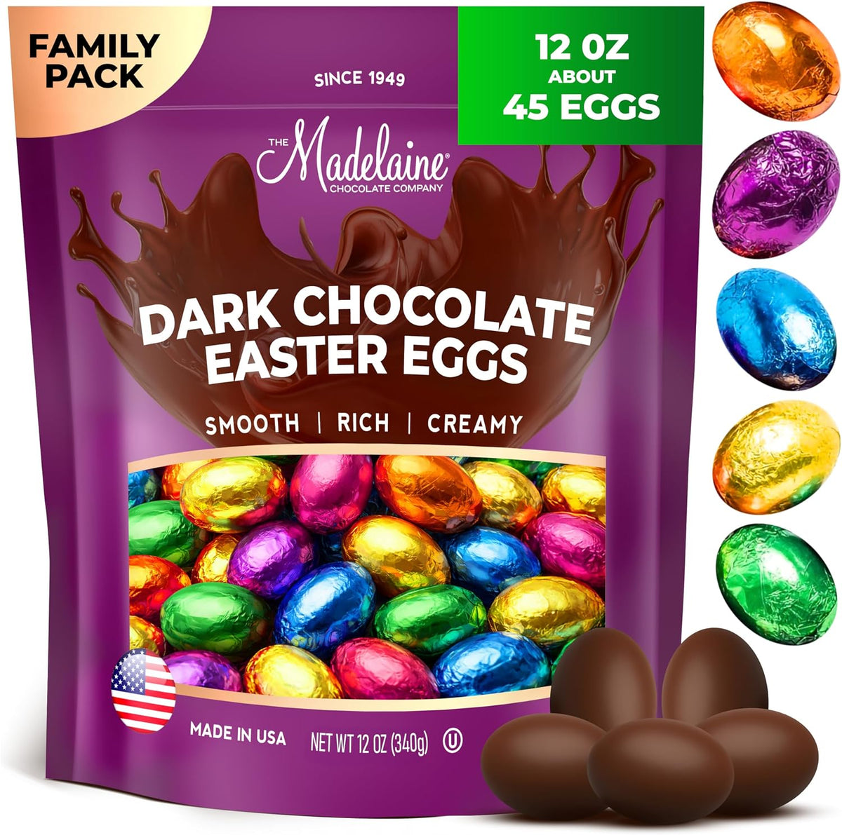 Close up of the double sided Italian foil details on the premium milk chocolate eggs.