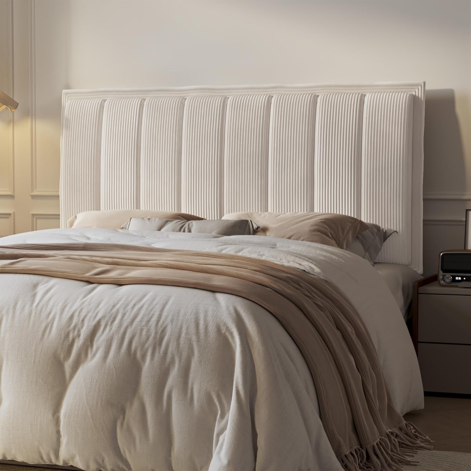HOMRELEXA upholstered headboard queen size front view in beige corduroy fabric