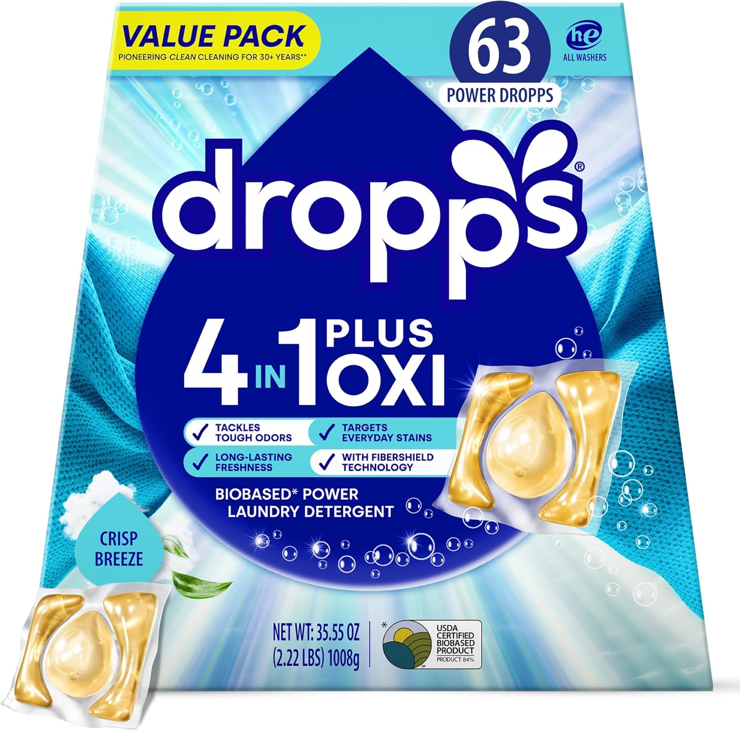 Dropps 4-in-1 Plus Oxi laundry pods front view premium biobased detergent pack