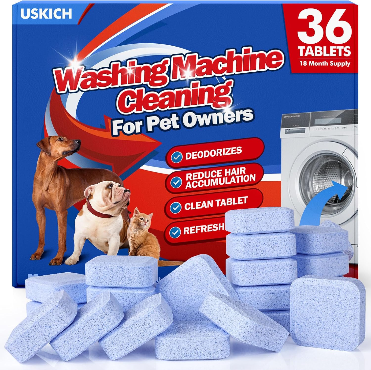 USKICH 36 Pack Washing Machine Cleaner Tablets front view for pet hair removal.