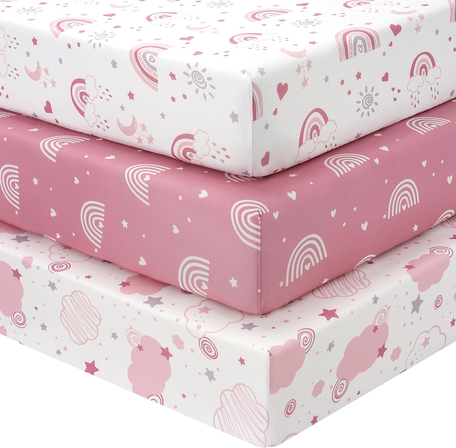 Fiemol 3 pack baby crib sheets pink rainbow front view