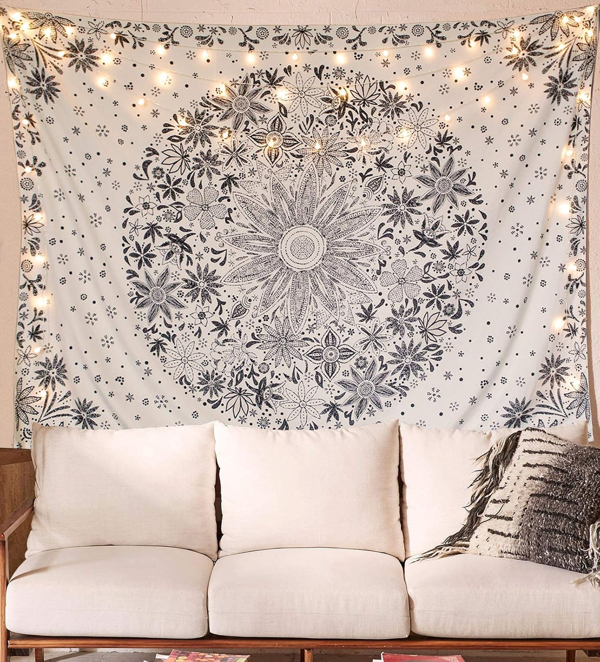 Neasow Bohemian Tapestry Wall Hanging, Black and White Floral Tapestry with Dotted Daisy Medallion Print Bedroom Boho Hippie Home Decor, 50x60 inches - Image 11