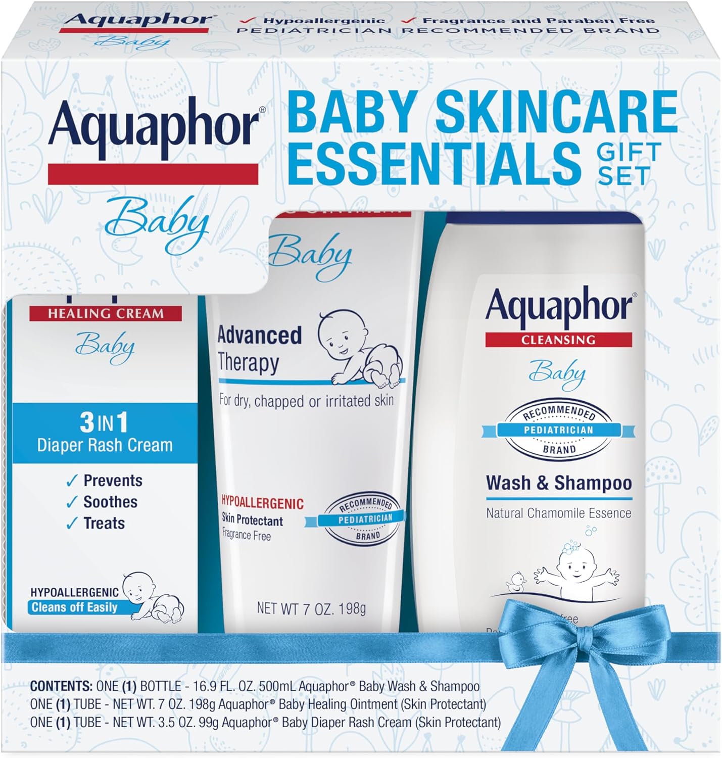 Aquaphor Baby Skin Care Essentials Gift Set front view showcasing three baby products for sensitive skin care