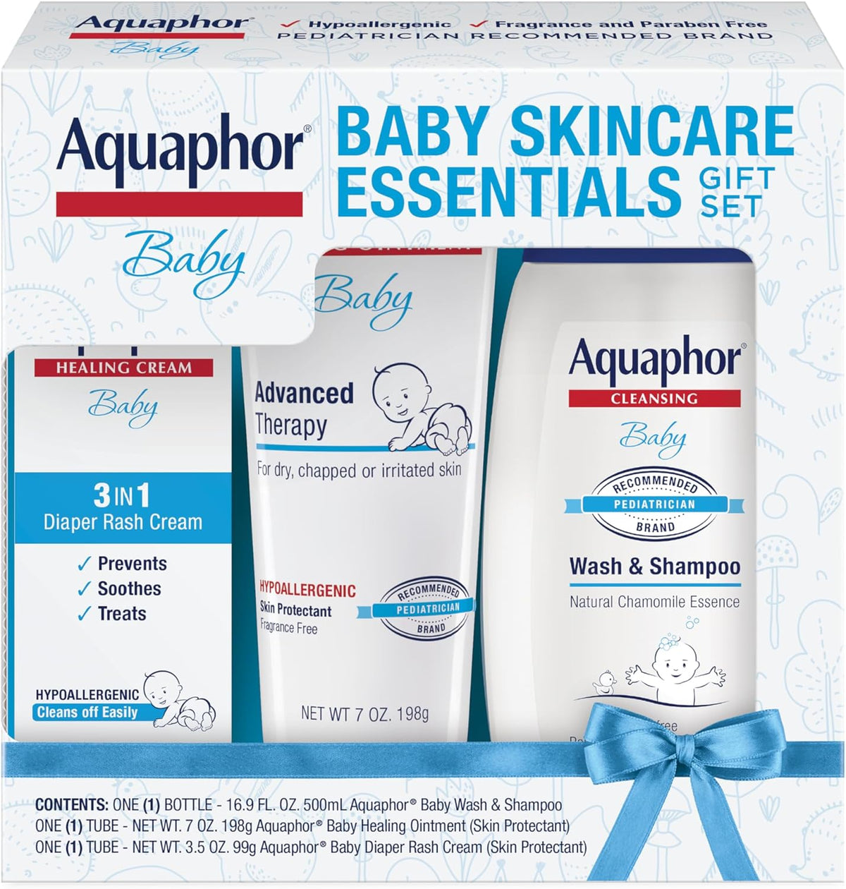 Aquaphor Baby Skin Care Essentials Gift Set front view showcasing three baby products for sensitive skin care