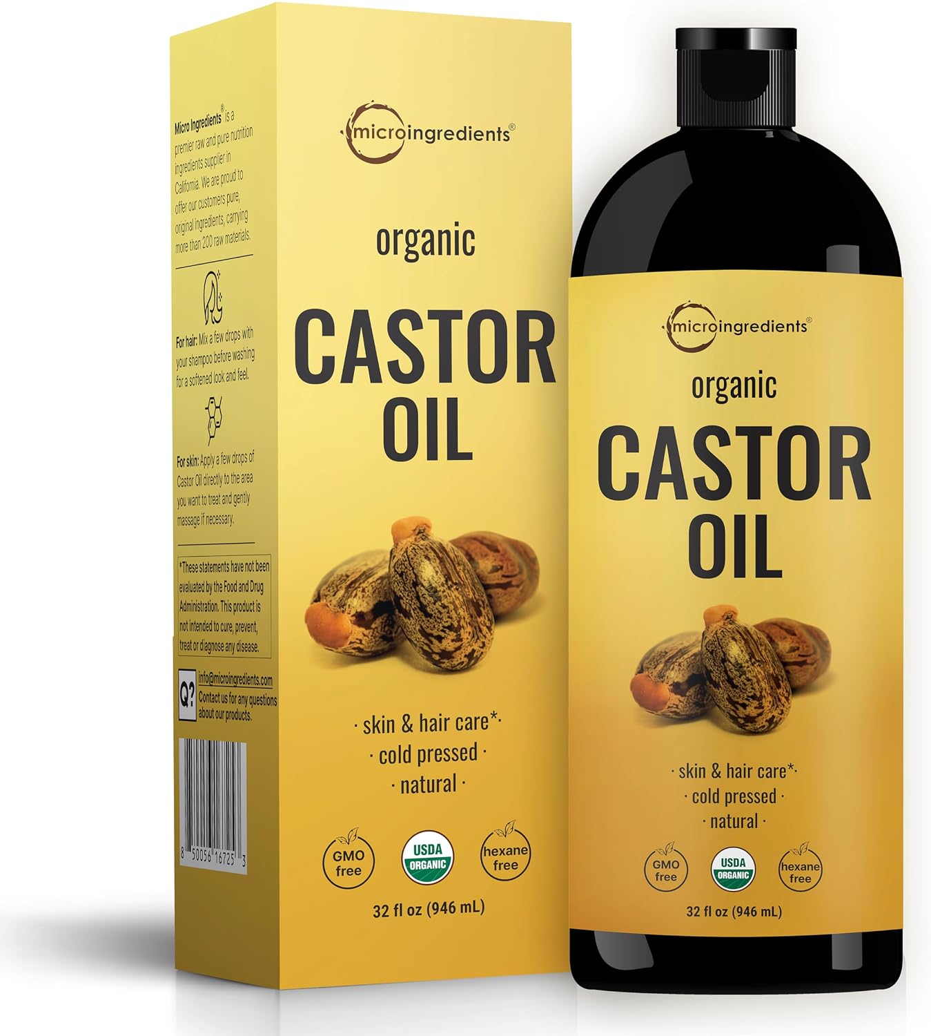 Micro Ingredients organic castor oil bottle front view with box