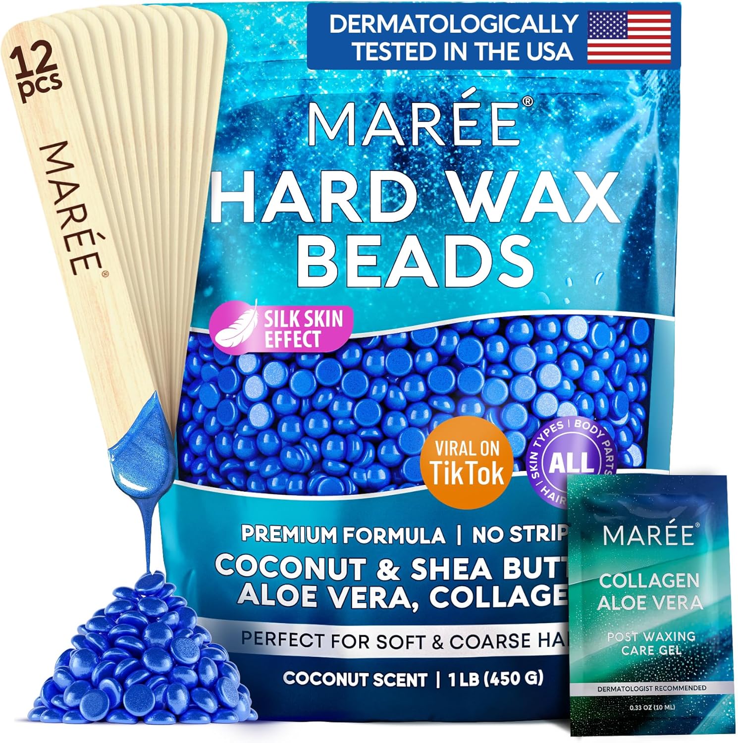 MAREE Hard Wax Beads Hair Removal Kit 450G front view package showing marine collagen ingredients