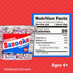 Open tub of Bazooka chewing gum displaying individually wrapped pieces of pink bubble gum