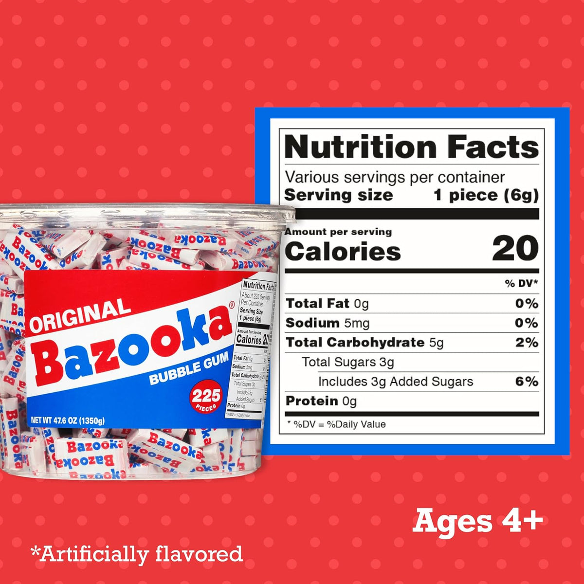 Open tub of Bazooka chewing gum displaying individually wrapped pieces of pink bubble gum