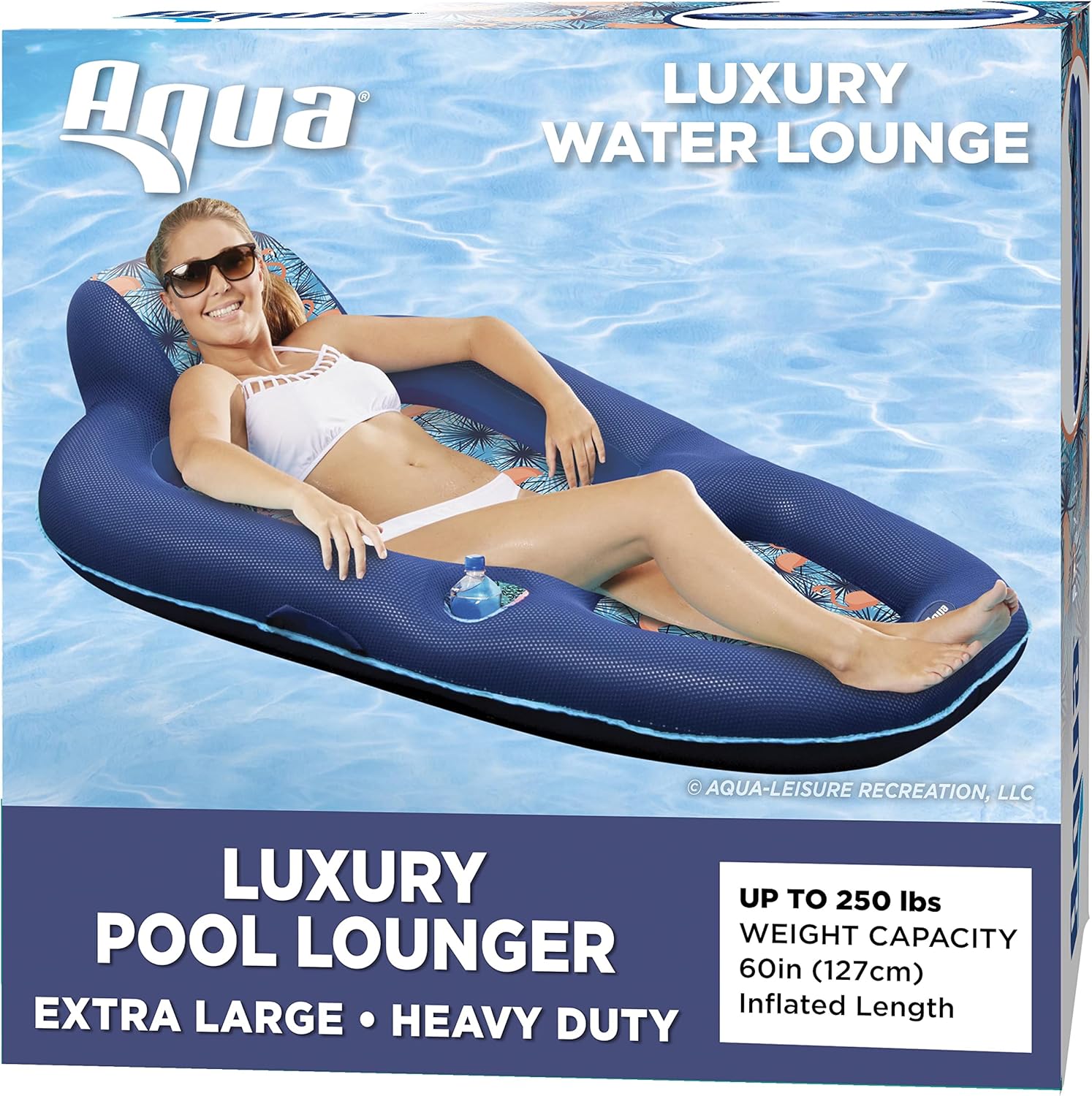 Aqua Leisure Luxury Water Pool Lounge front view showing palm beach flamingo print inflatable adult float with headrest