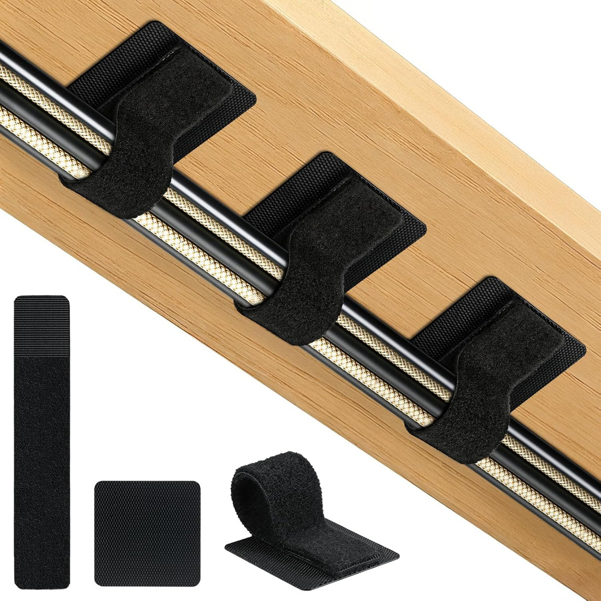 Znben cable management under desk straps front view showing twenty pack of black cord ties.