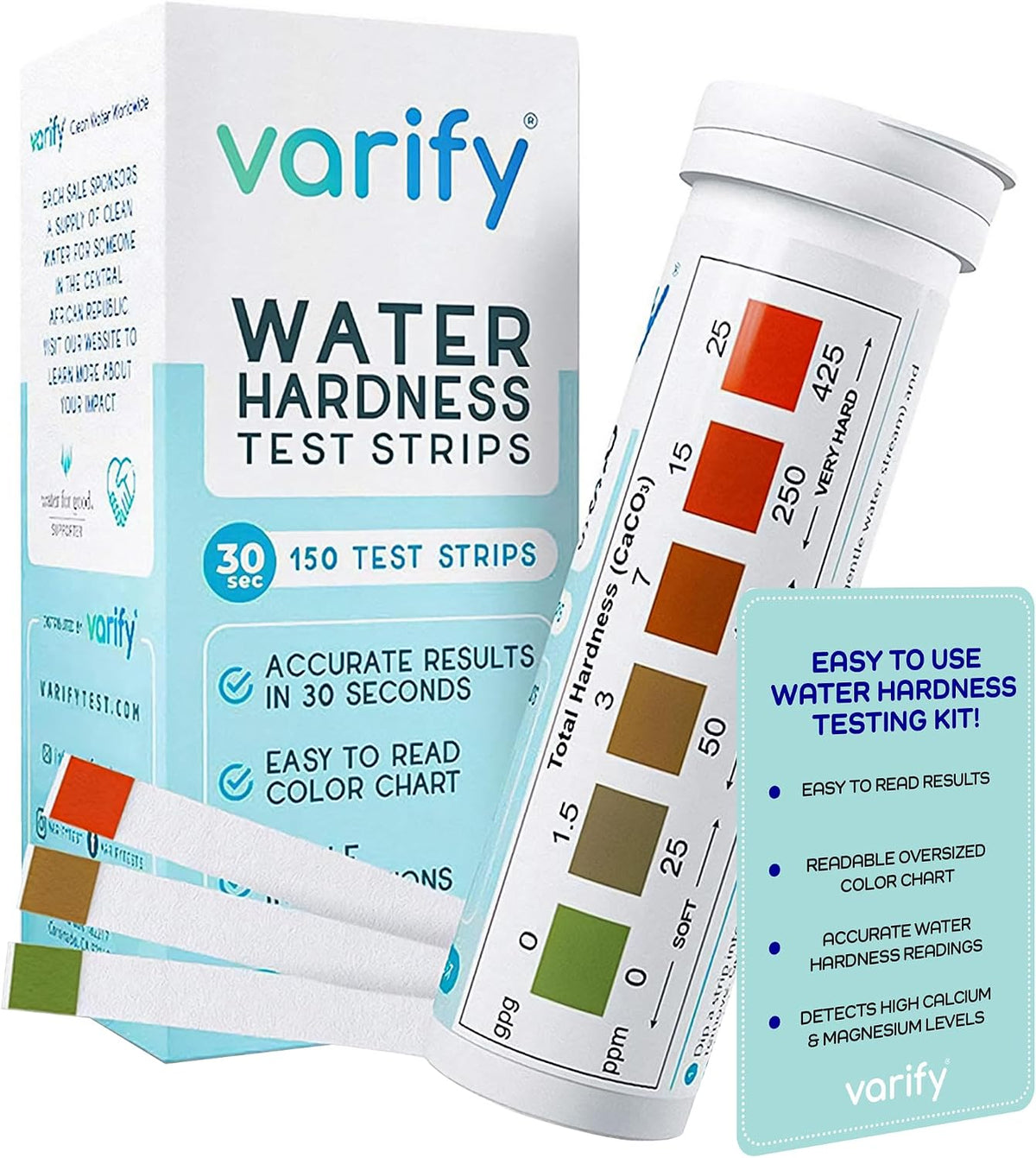 Varify water hardness test kit front view with bottle and box