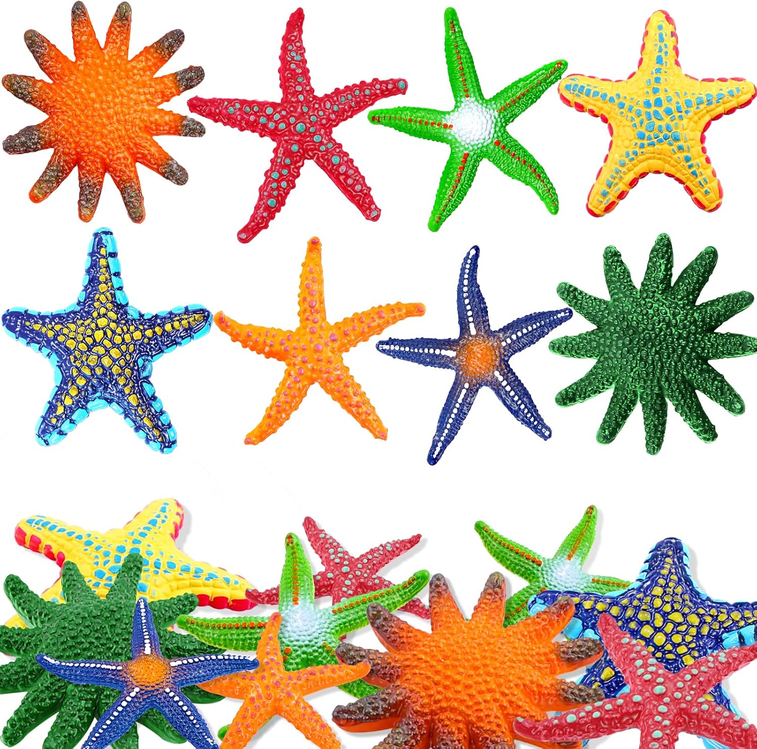 YUJUN 16 Pieces Big Diving Pool Toys front view showcasing various colorful starfish in two sizes.