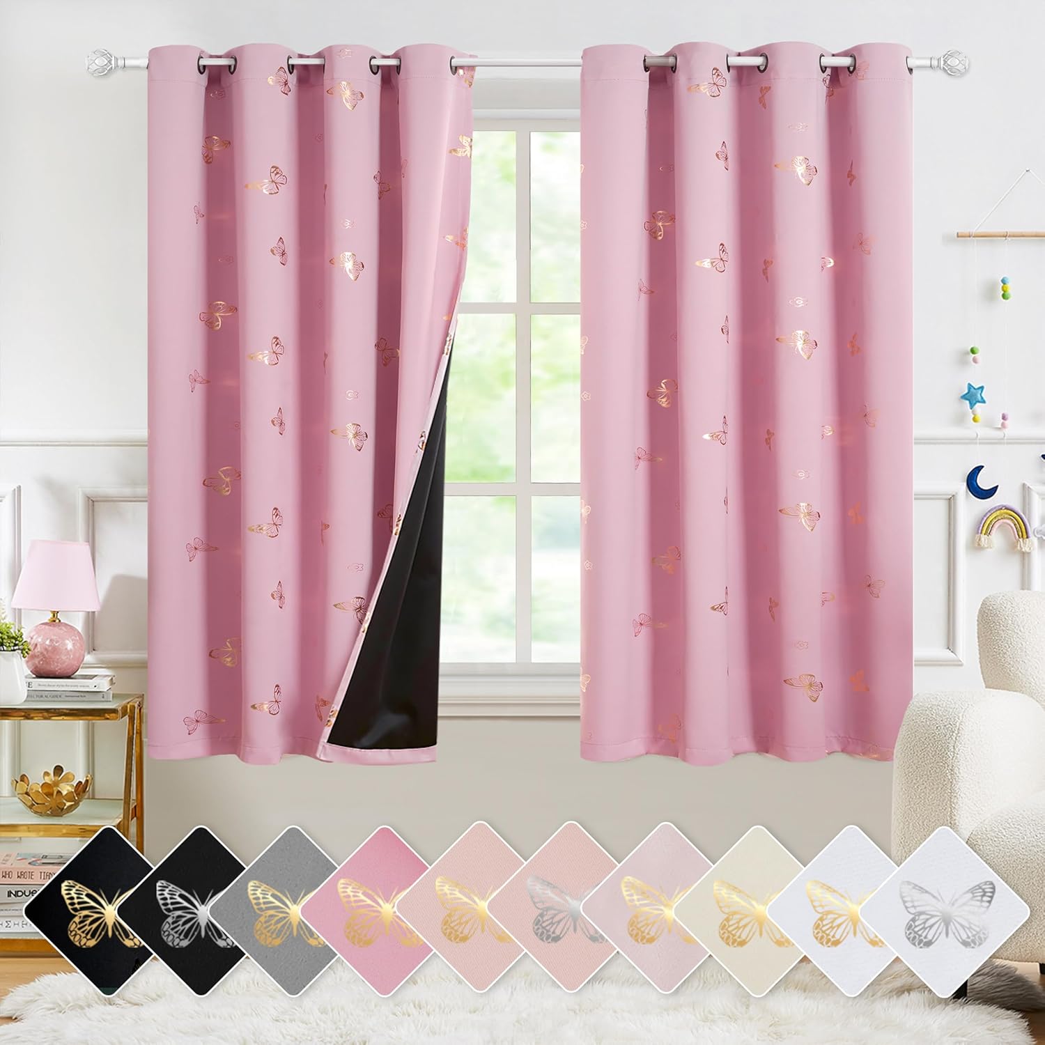 Jubilantex rose pink metallic gold butterfly blackout curtains front view hanging on a window rod in a styled kids bedroom setup.