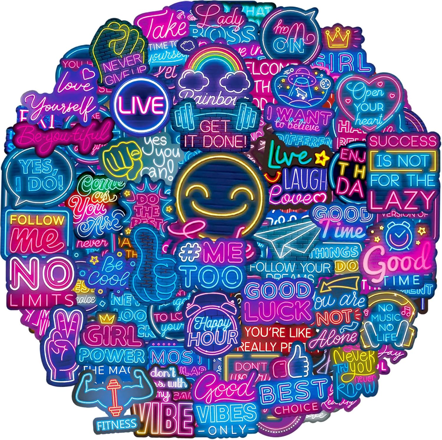 AIRNOGO Neon Motivational Stickers hundred piece pack front view showing colorful positive affirmation quotes.