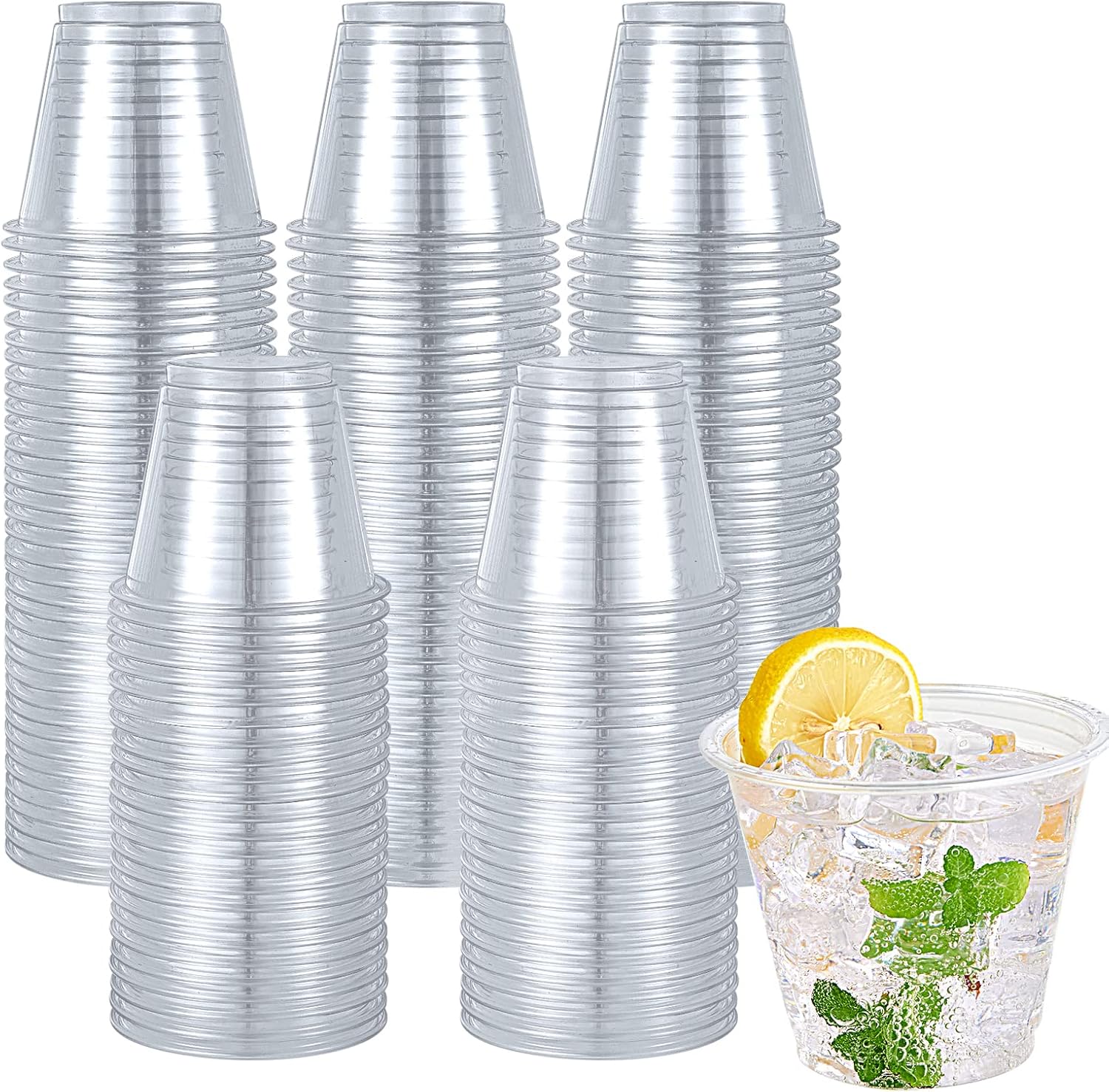 Turbo Bee 9 Ounce Clear Plastic Cups front view showing crystal clarity