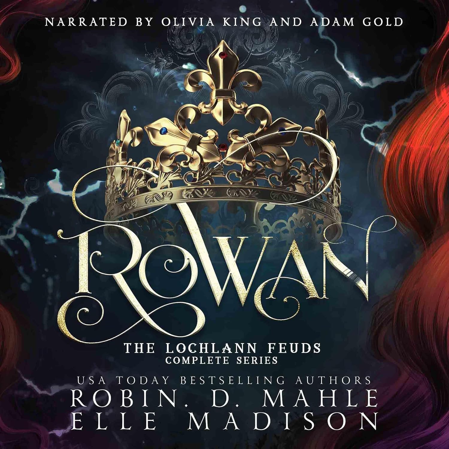 Robin D Mahle Rowan The Lochlann Feuds Complete Series audiobook cover art featuring fantasy romance characters.