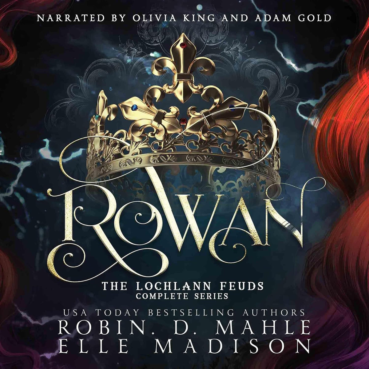Robin D Mahle Rowan The Lochlann Feuds Complete Series audiobook cover art featuring fantasy romance characters.