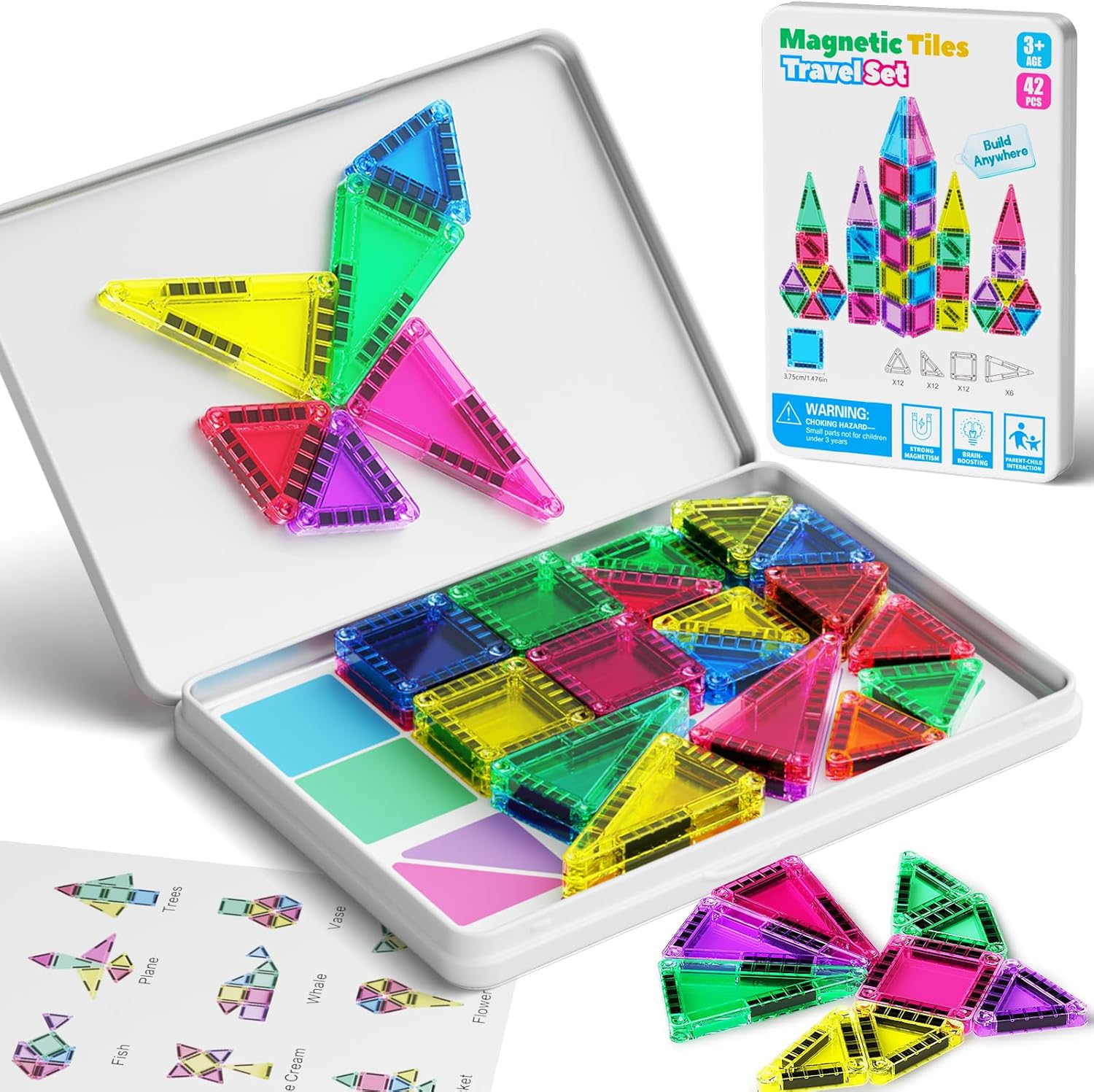 MEIQ Mini Magnetic Tiles Travel Set front view showing colorful blocks arranged outside the open iron storage box.