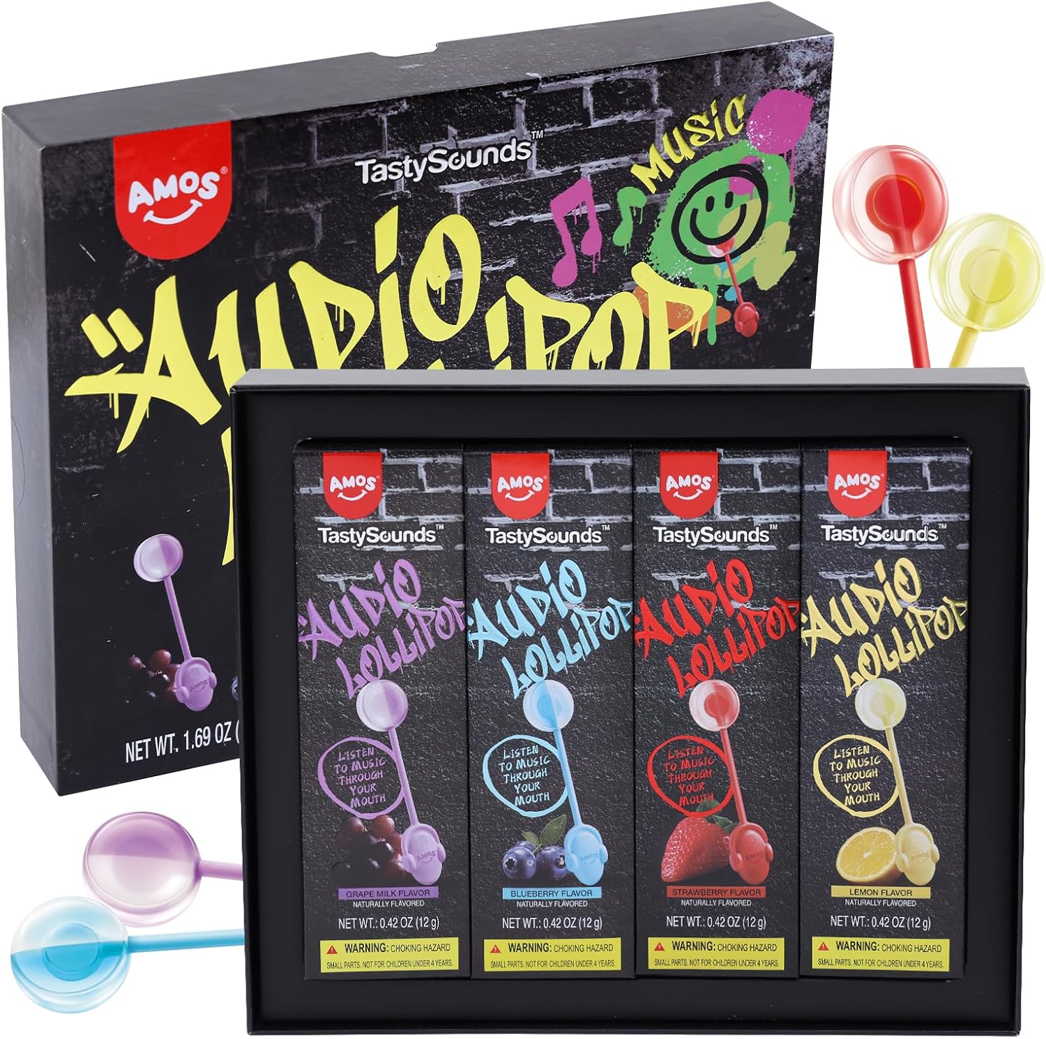 AMOS Music Lollipop Candy Suckers 4 pack gift box front view showcasing packaging
