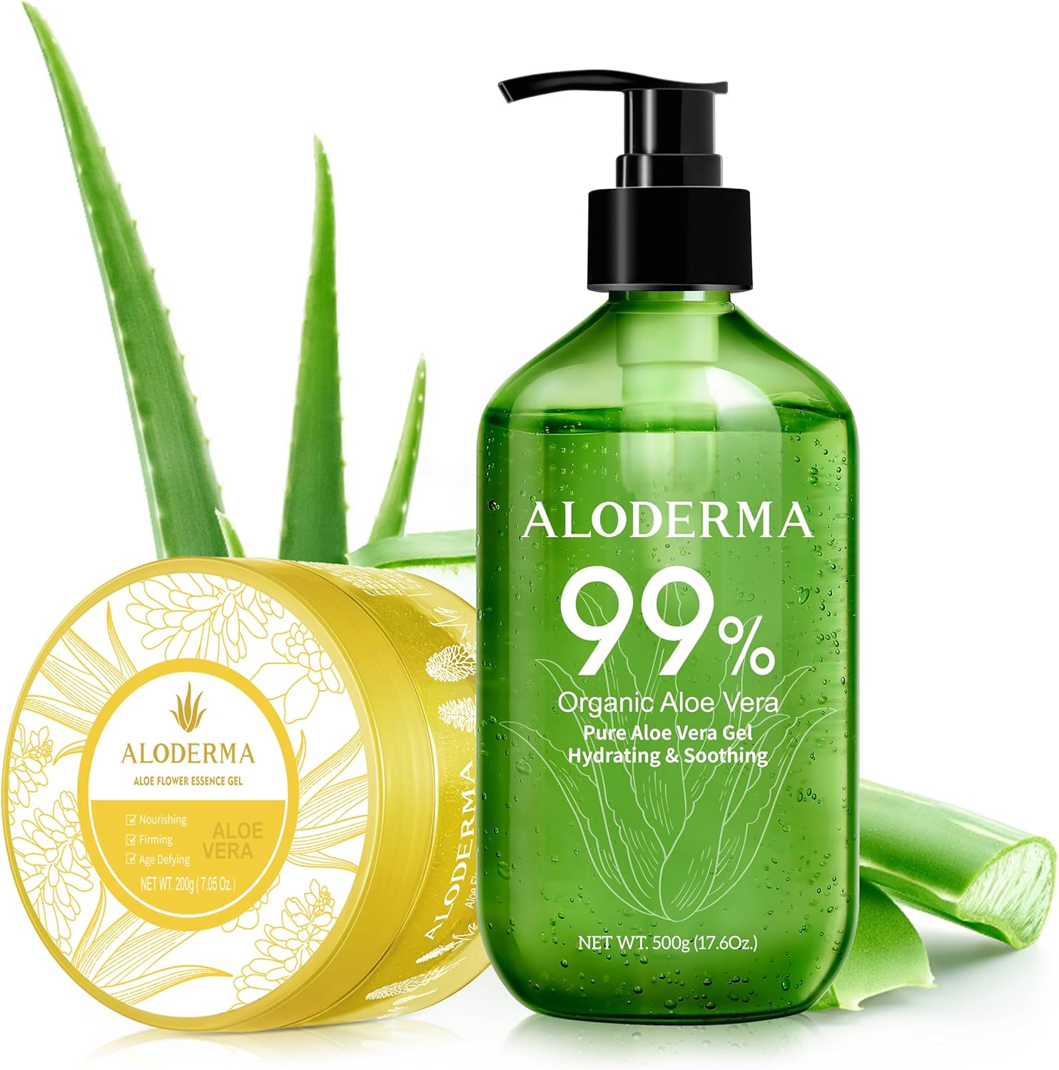 Aloderma Aloe Vera Gel Set 2 Pack front packaging view showcasing USA imported organic skincare