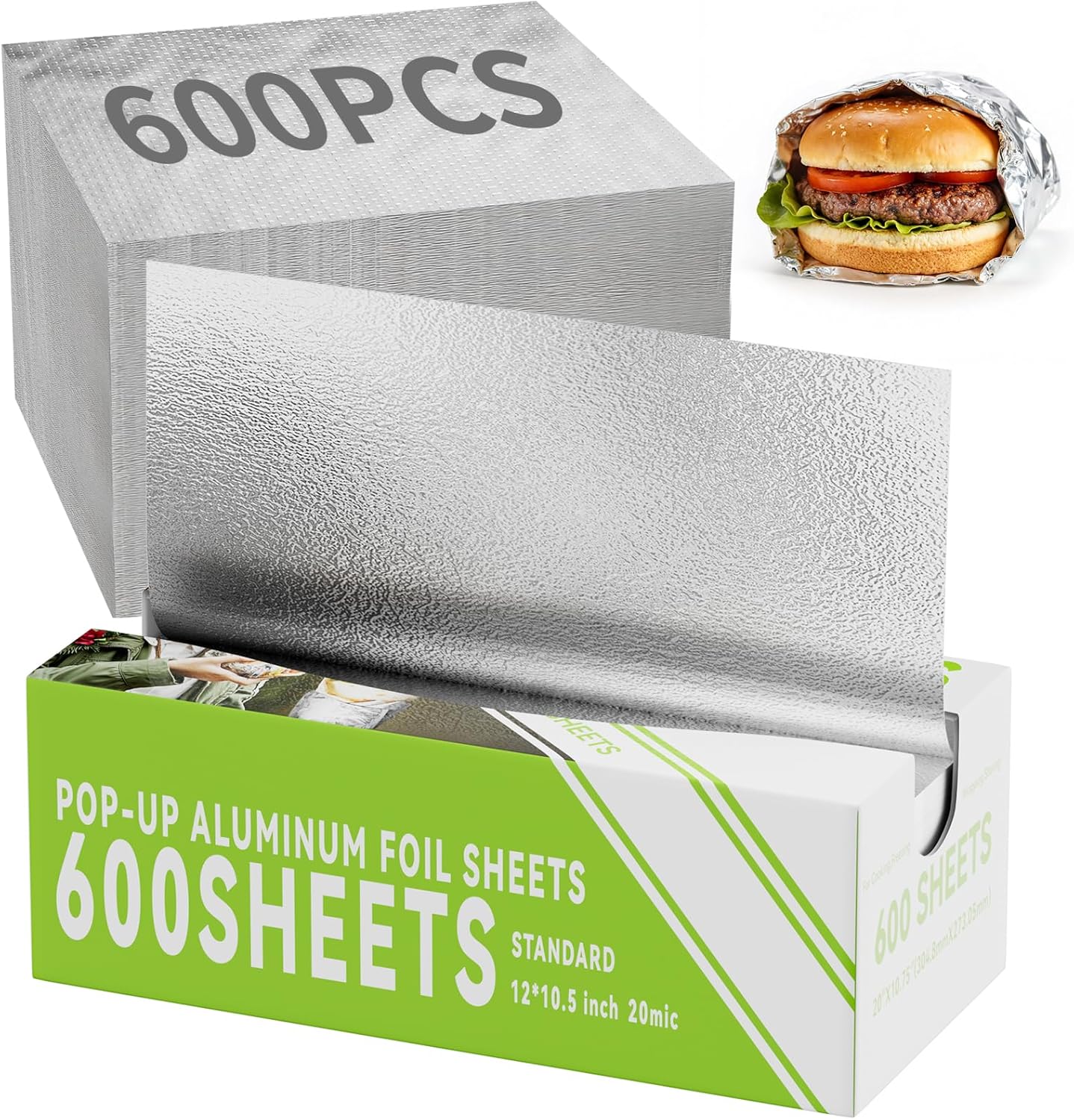 SZZJKJ 600 count pre-cut aluminum foil sheets in pop-up dispenser box for food wrapping.