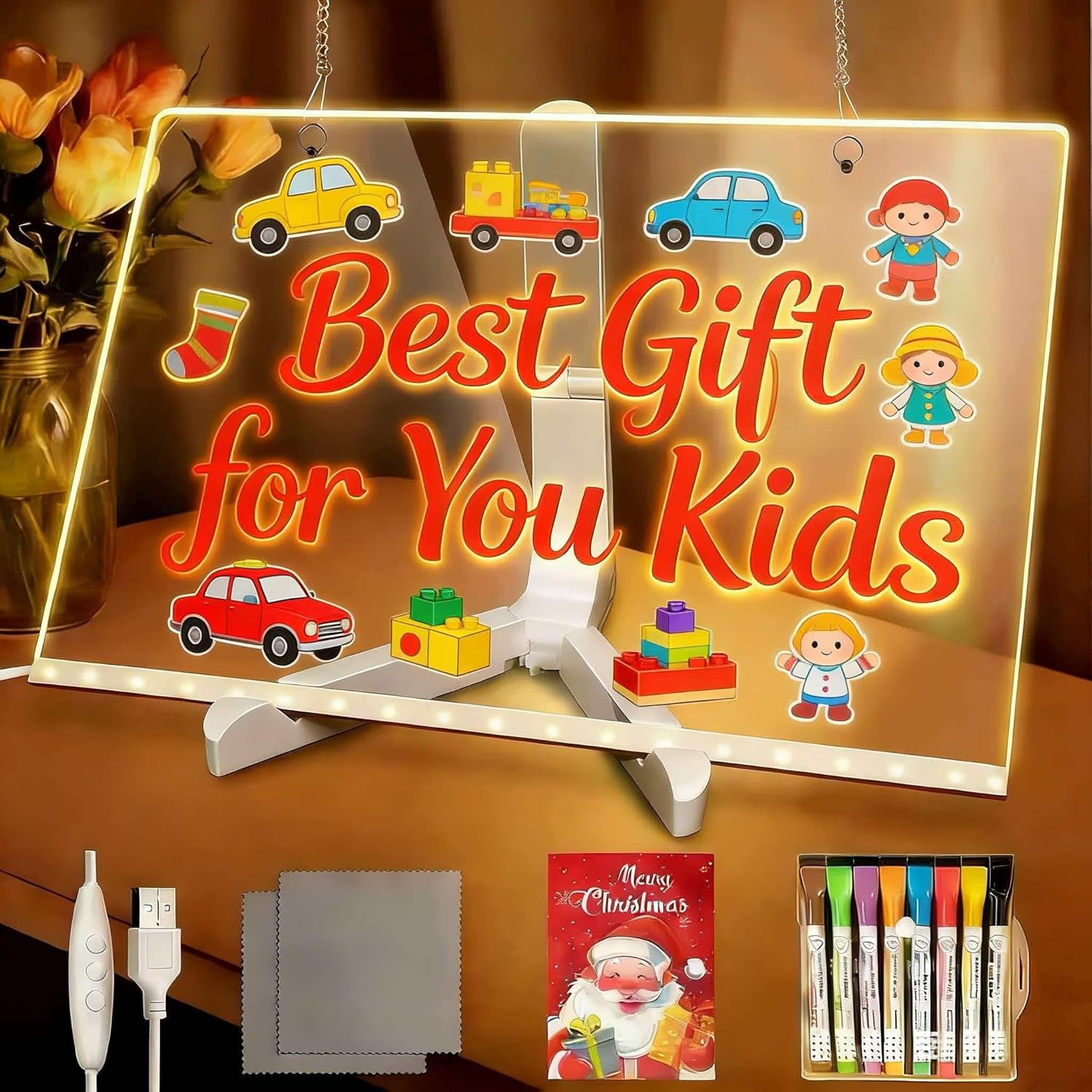 PetPalace LED Drawing Board front view showing glowing neon marker sketches on transparent acrylic screen