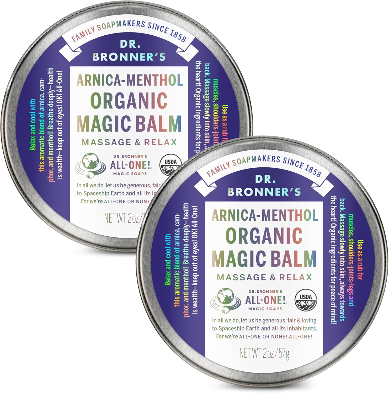 Dr. Bronner's Organic Magic Balm Arnica-Menthol front view tin package
