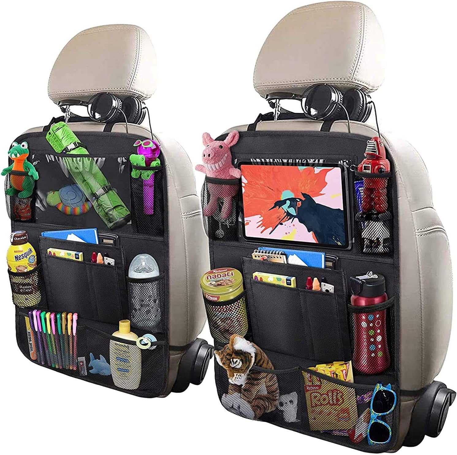 ULEEKA car backseat organizer front view showing nine storage pockets holding bottles and toys.