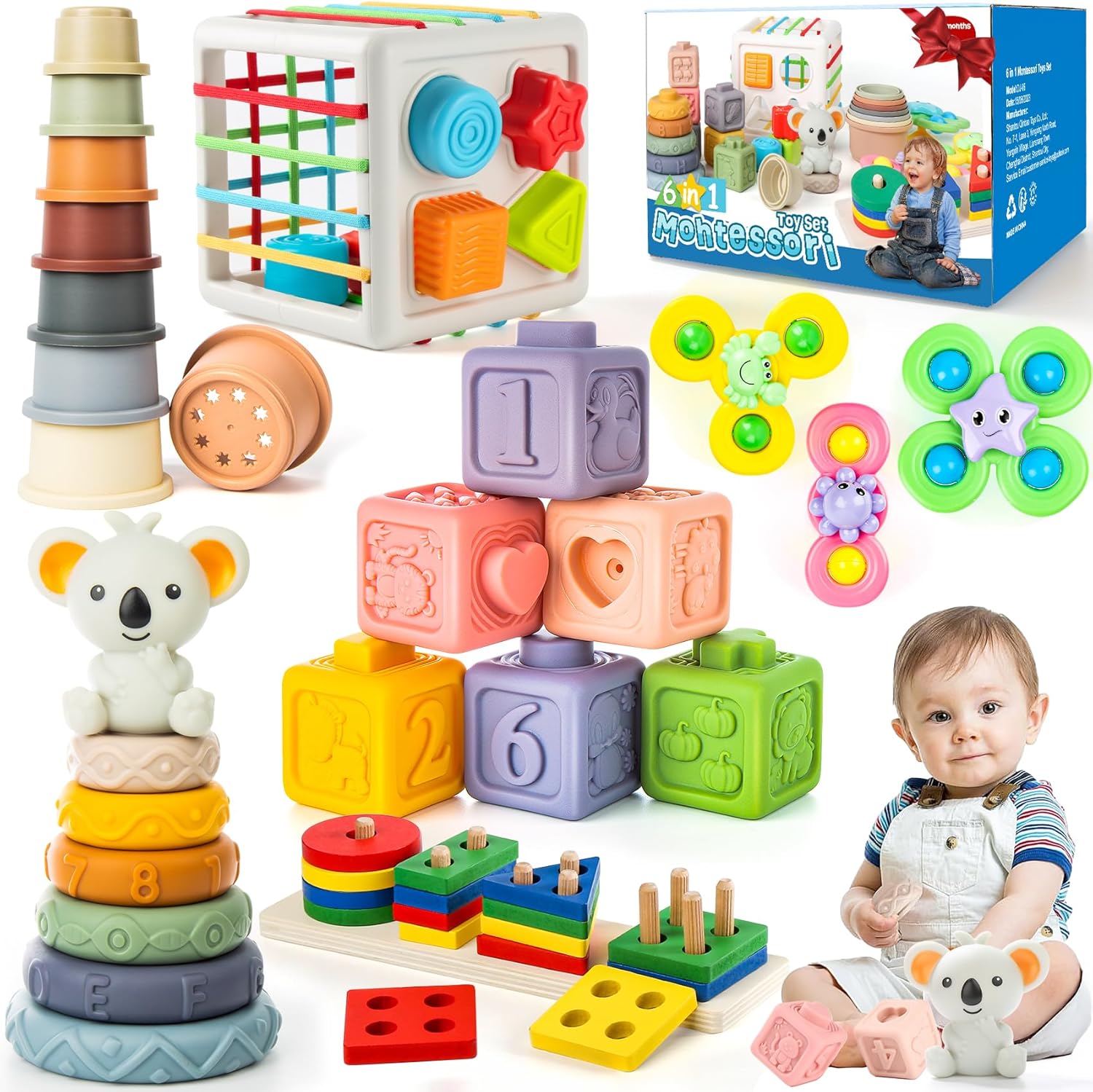 Somastung 6-in-1 Montessori baby toy set front view with stacking blocks and rings.