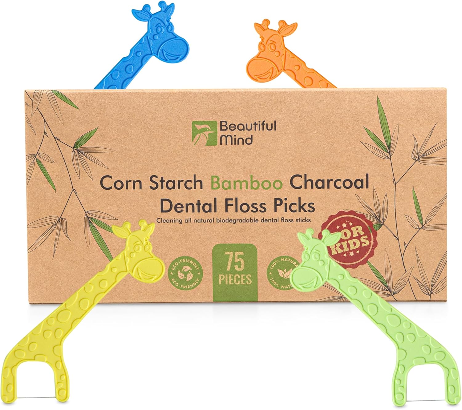 Beautiful Mind Organic Dental Floss Picks for Kids - Natural Biodegradable Floss Sticks with Strong Bamboo Charcoal Thread & Vegan Corn Starch Handle - No Plastics & No Artificial Flavours - Image 1