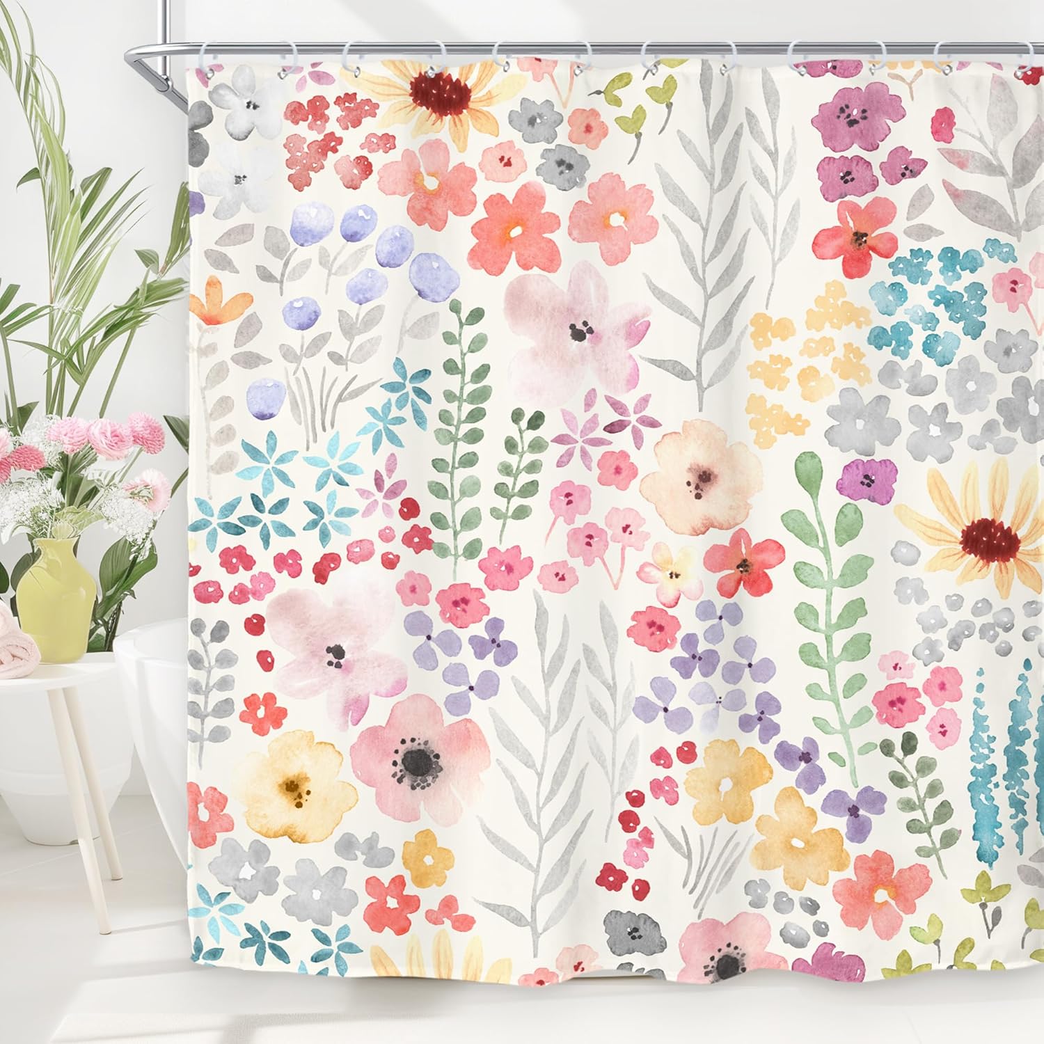 Riyidecor colorful floral shower curtain front view showing vibrant watercolor pink wildflowers in a modern bathroom setup.