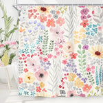 Riyidecor colorful floral shower curtain front view showing vibrant watercolor pink wildflowers in a modern bathroom setup.