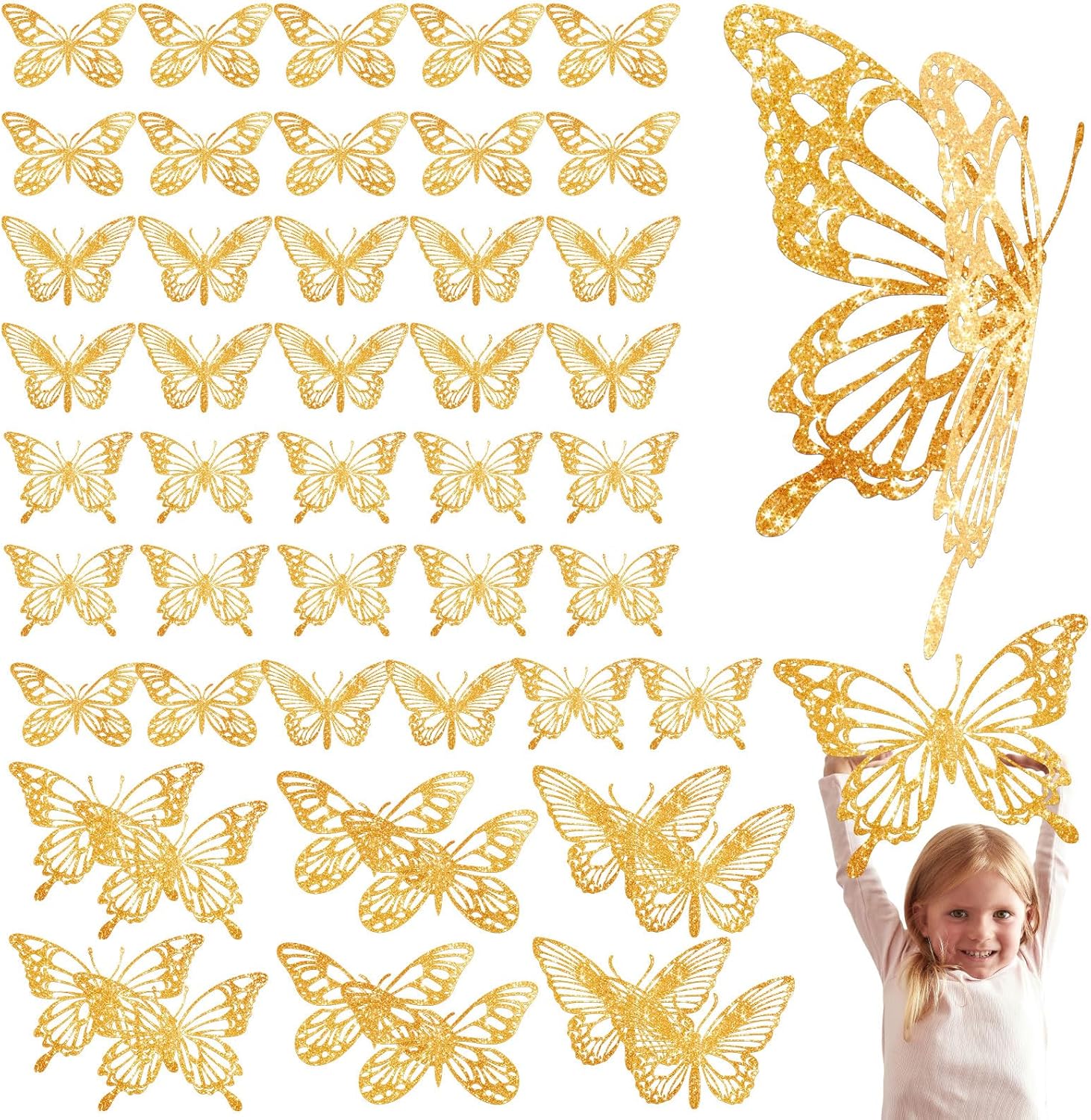 Yeaqee 24 piece glitter gold 3D butterfly wall decor set front view