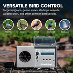 Bird B Gone sound repellent device showing adjustable volume knobs and programming interface