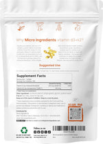 Micro Ingredients Vitamin D3 K2 supplemental facts label