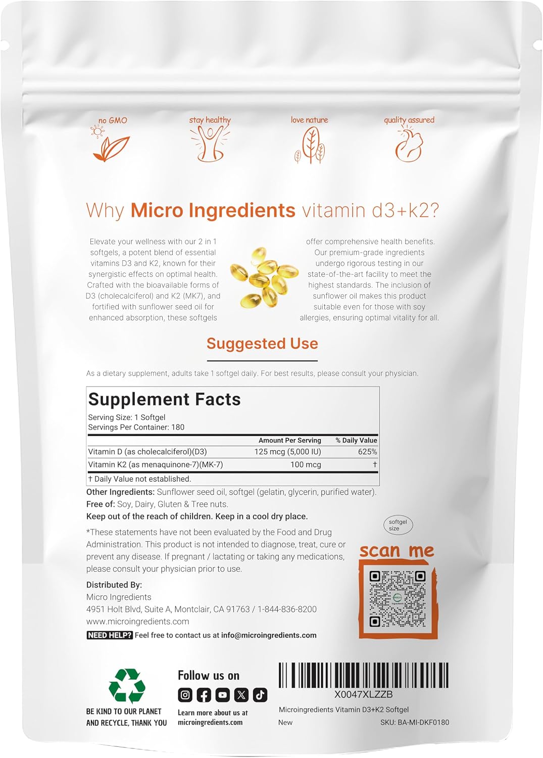 Micro Ingredients Vitamin D3 K2 supplemental facts label