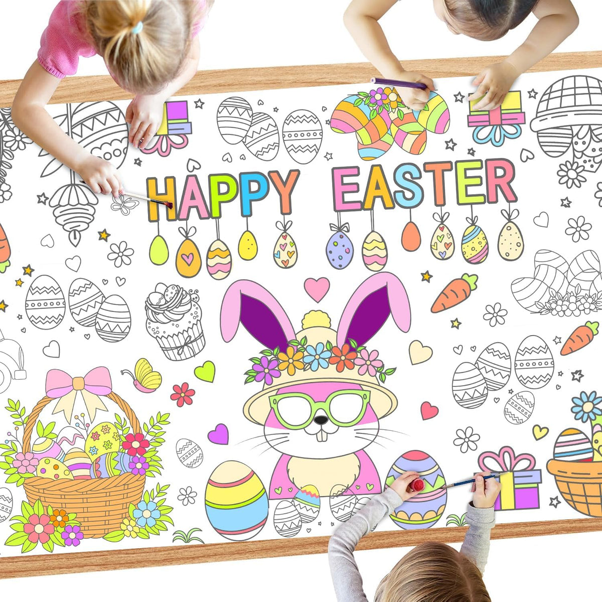 Speringeen giant Easter coloring tablecloth front view showcasing bunny and egg illustrations for kids craft activities