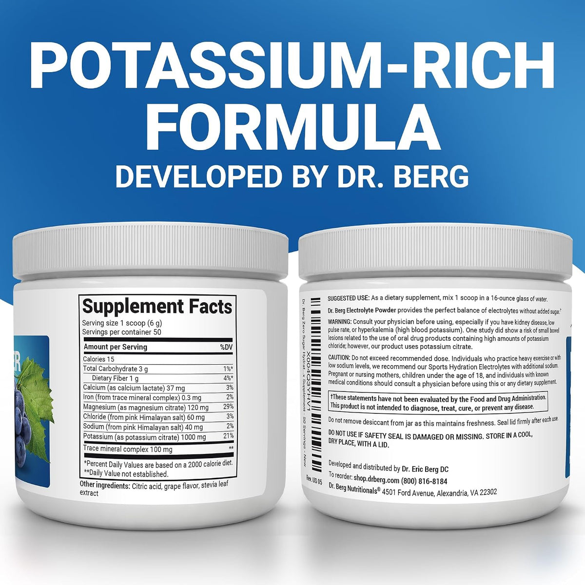 Dr. Berg keto electrolyte powder container highlighting one thousand milligrams of potassium per serving.